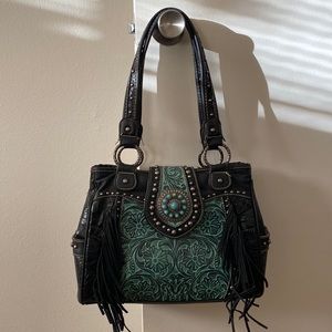 Western tooled leather purse. Trinity Ranch. Black and turquoise.